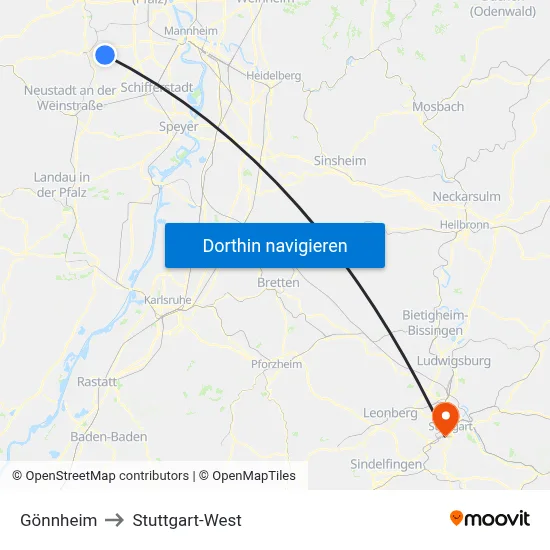 Gönnheim to Stuttgart-West map