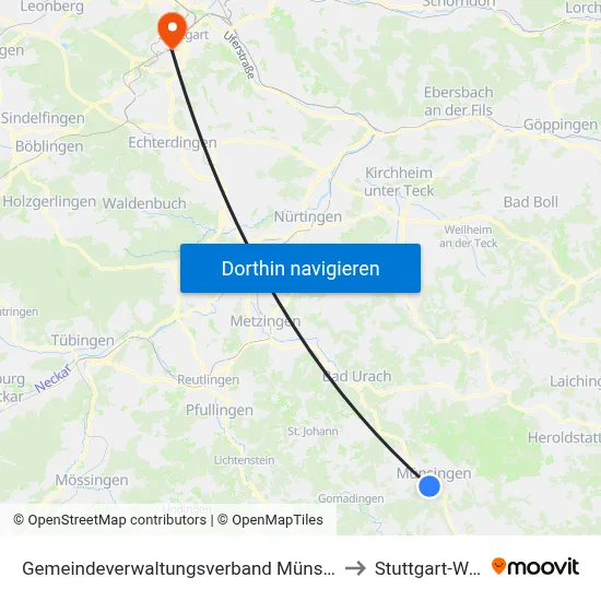 Gemeindeverwaltungsverband Münsingen to Stuttgart-West map