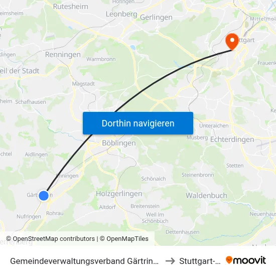 Gemeindeverwaltungsverband Gärtringen/Ehningen to Stuttgart-West map