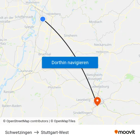 Schwetzingen to Stuttgart-West map