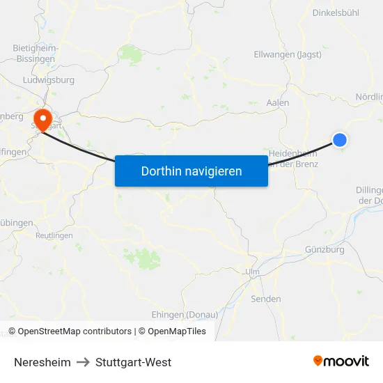 Neresheim to Stuttgart-West map