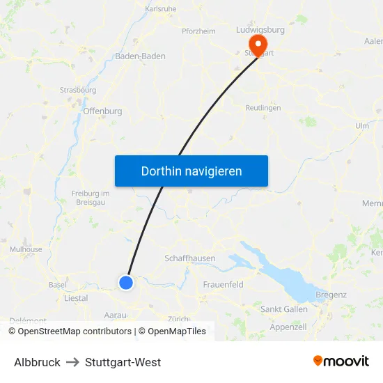 Albbruck to Stuttgart-West map