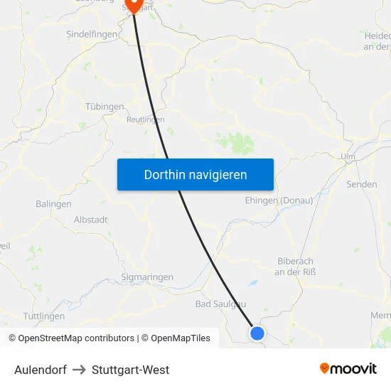 Aulendorf to Stuttgart-West map