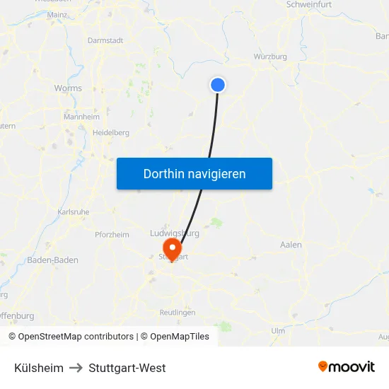 Külsheim to Stuttgart-West map