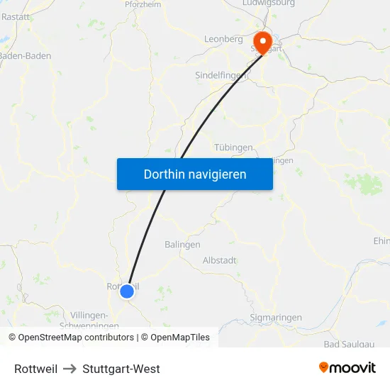 Rottweil to Stuttgart-West map