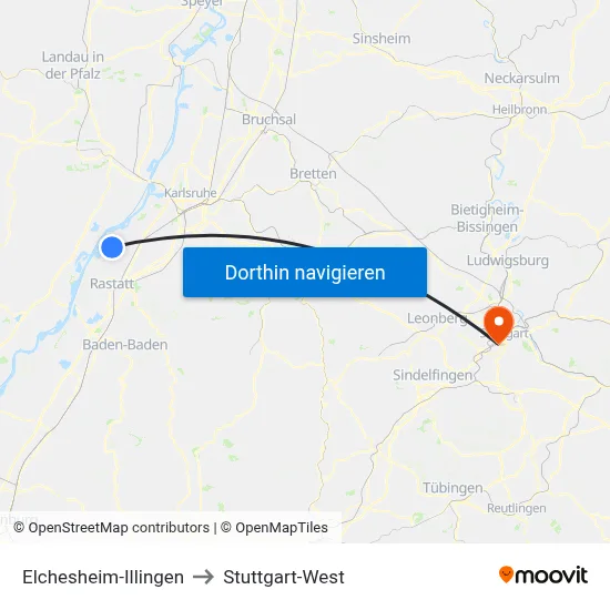 Elchesheim-Illingen to Stuttgart-West map