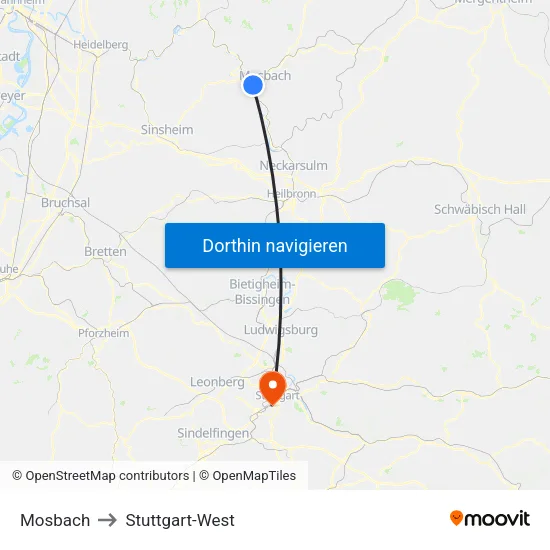 Mosbach to Stuttgart-West map