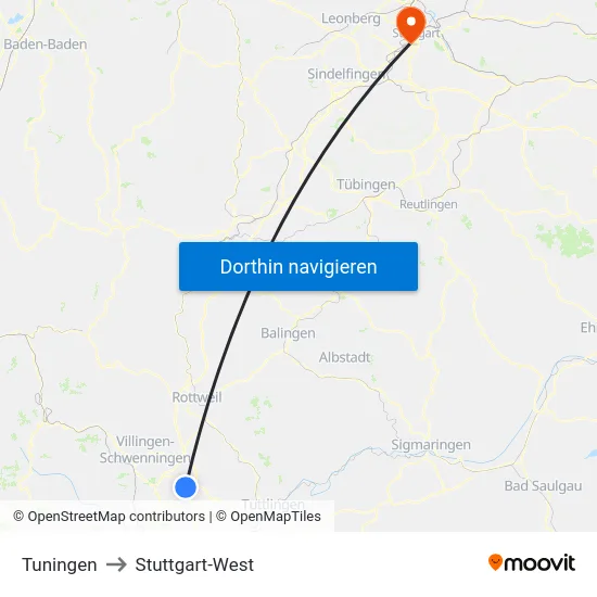 Tuningen to Stuttgart-West map