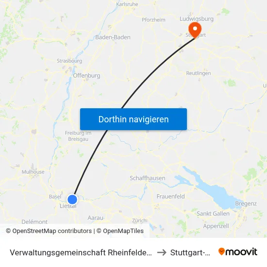 Verwaltungsgemeinschaft Rheinfelden (Baden) to Stuttgart-West map