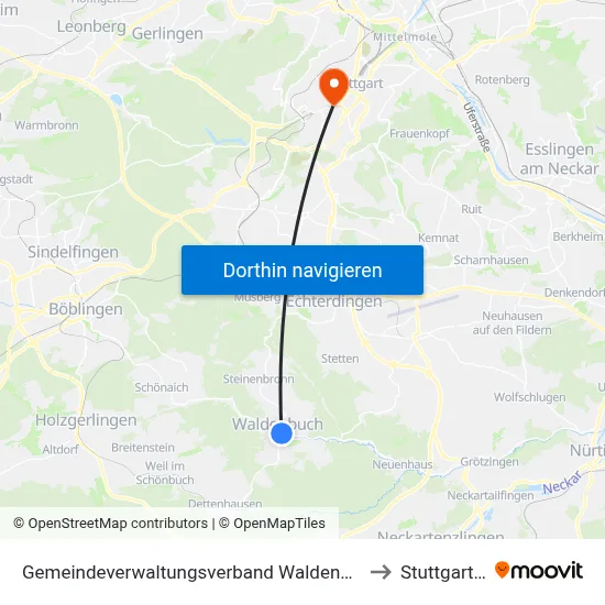 Gemeindeverwaltungsverband Waldenbuch/Steinenbronn to Stuttgart-West map