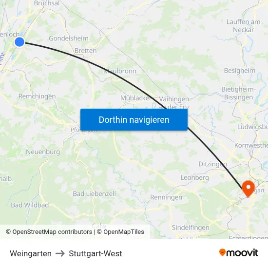 Weingarten to Stuttgart-West map