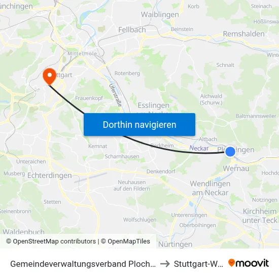 Gemeindeverwaltungsverband Plochingen to Stuttgart-West map