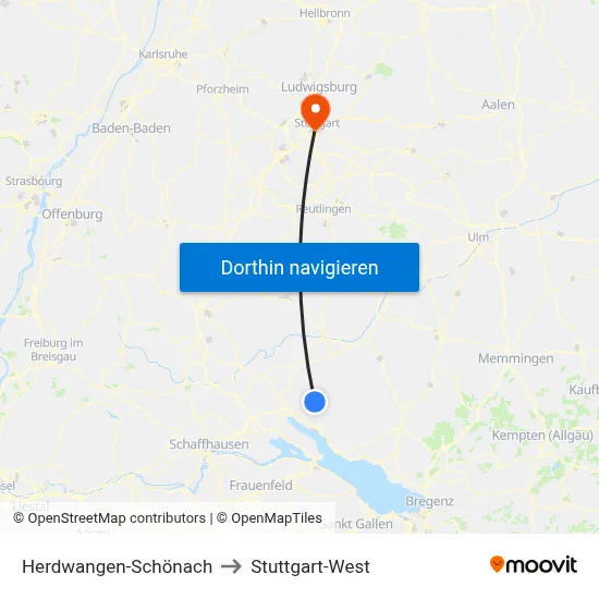 Herdwangen-Schönach to Stuttgart-West map
