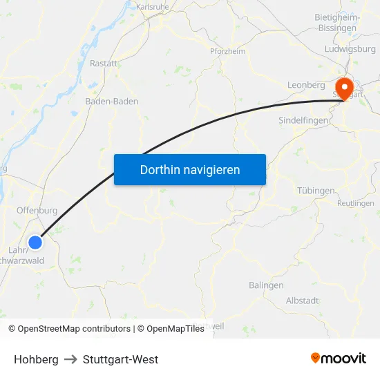 Hohberg to Stuttgart-West map