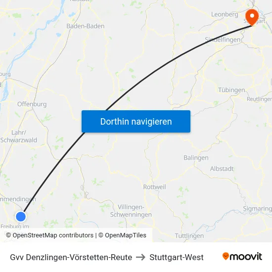Gvv Denzlingen-Vörstetten-Reute to Stuttgart-West map