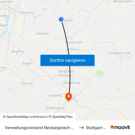 Verwaltungsverband Neckargerach-Waldbrunn to Stuttgart-West map