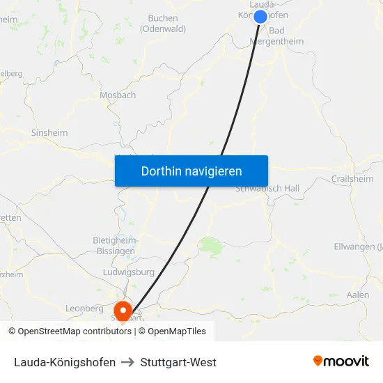 Lauda-Königshofen to Stuttgart-West map