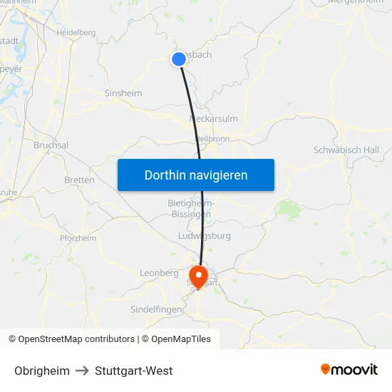 Obrigheim to Stuttgart-West map