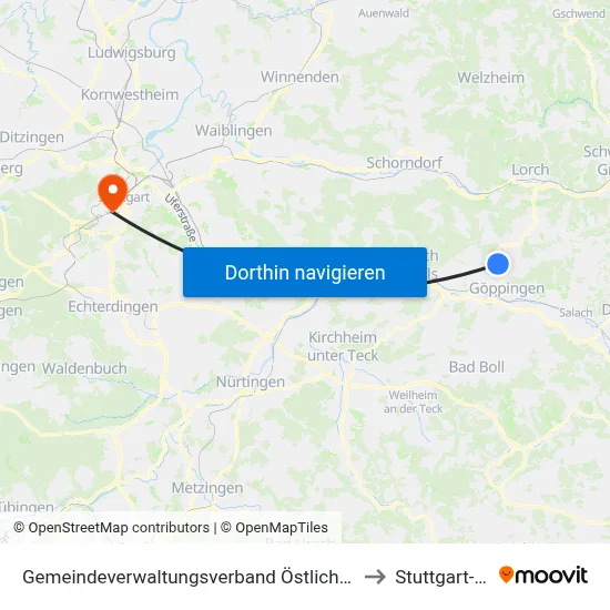 Gemeindeverwaltungsverband Östlicher Schurwald to Stuttgart-West map
