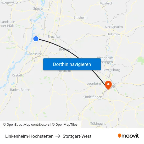 Linkenheim-Hochstetten to Stuttgart-West map