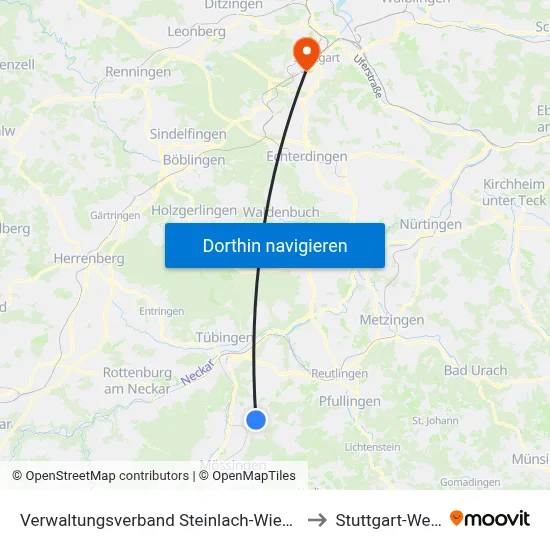 Verwaltungsverband Steinlach-Wiesaz to Stuttgart-West map