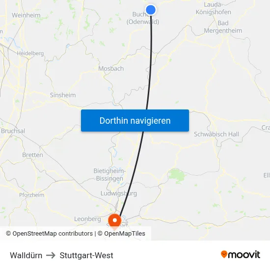 Walldürn to Stuttgart-West map