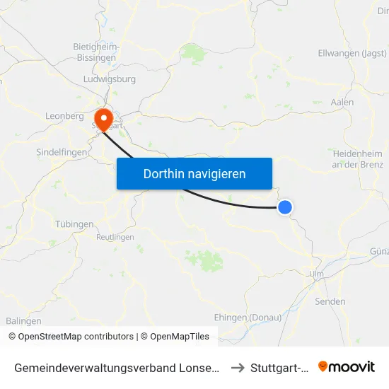 Gemeindeverwaltungsverband Lonsee-Amstetten to Stuttgart-West map