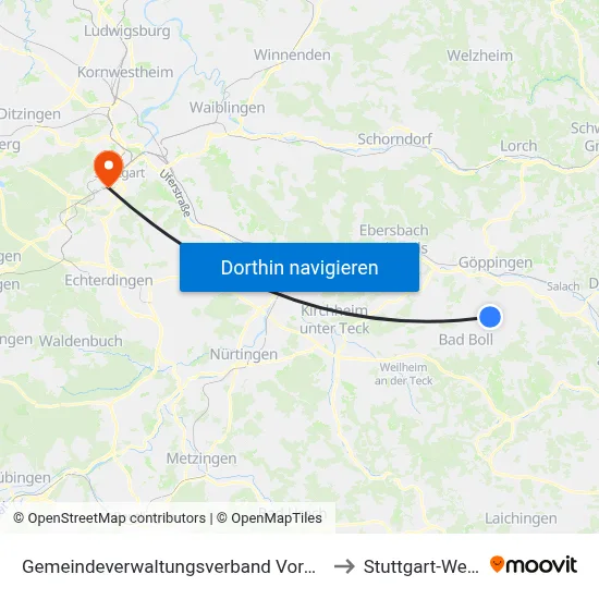 Gemeindeverwaltungsverband Voralb to Stuttgart-West map