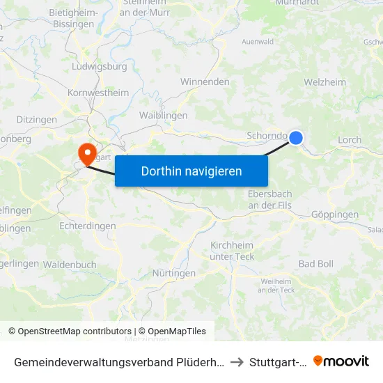 Gemeindeverwaltungsverband Plüderhausen-Urbach to Stuttgart-West map