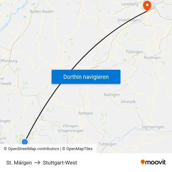 St. Märgen to Stuttgart-West map