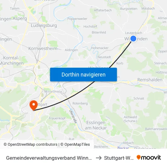 Gemeindeverwaltungsverband Winnenden to Stuttgart-West map