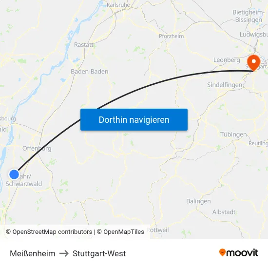 Meißenheim to Stuttgart-West map