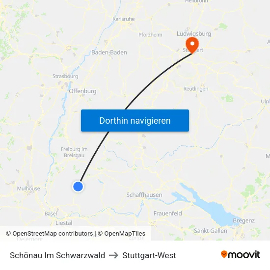 Schönau Im Schwarzwald to Stuttgart-West map