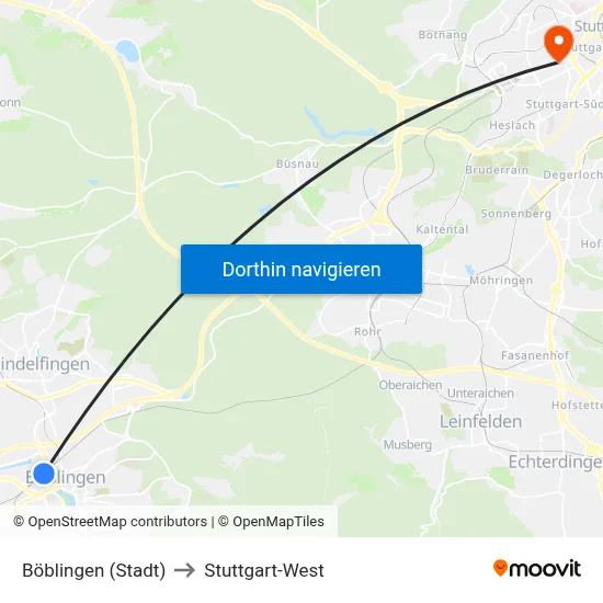 Böblingen (Stadt) to Stuttgart-West map