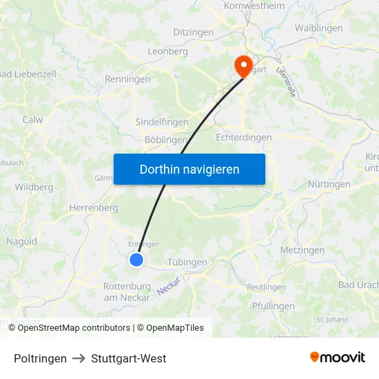Poltringen to Stuttgart-West map