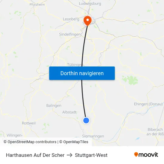 Harthausen Auf Der Scher to Stuttgart-West map