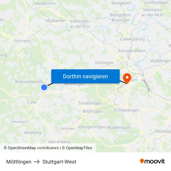 Möttlingen to Stuttgart-West map