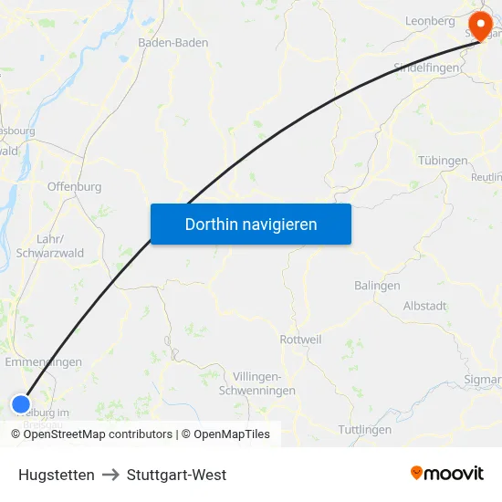 Hugstetten to Stuttgart-West map