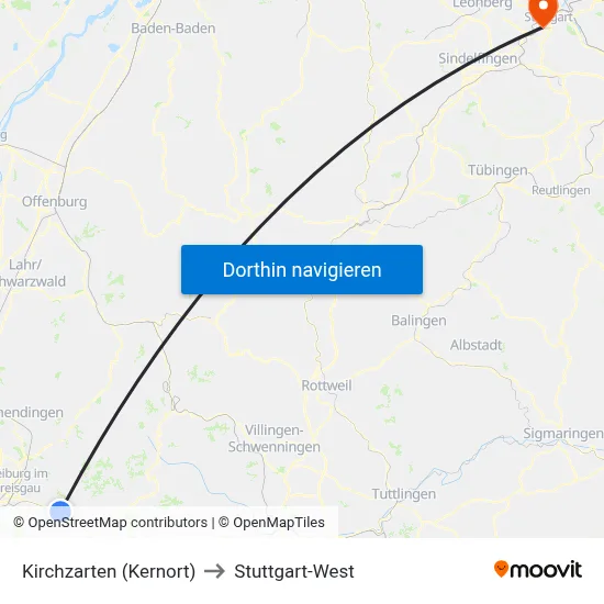 Kirchzarten (Kernort) to Stuttgart-West map
