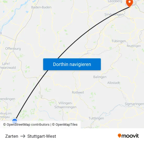 Zarten to Stuttgart-West map