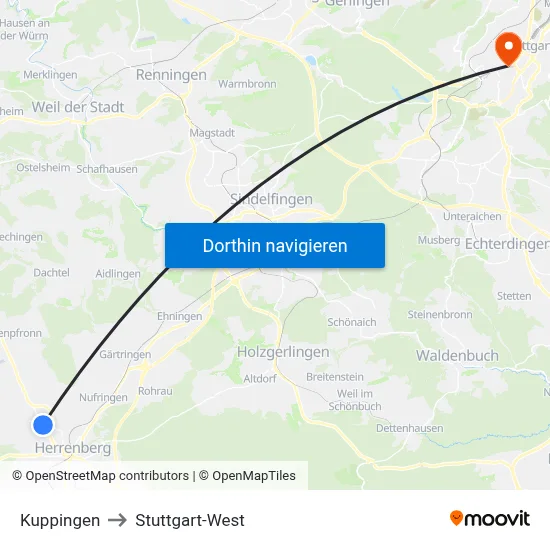 Kuppingen to Stuttgart-West map