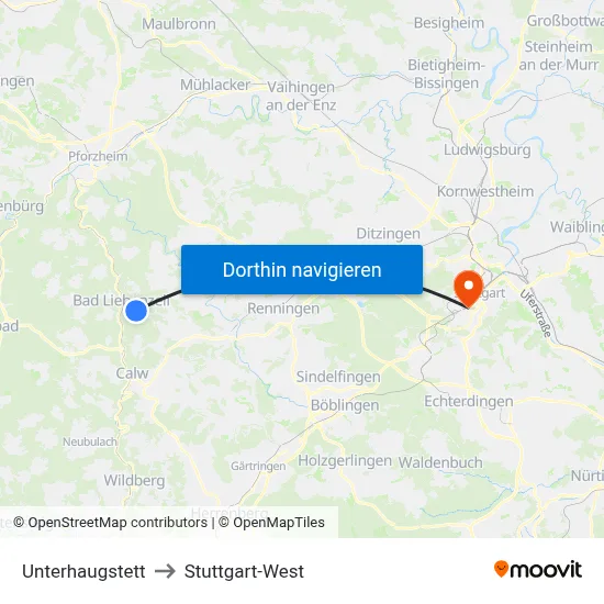 Unterhaugstett to Stuttgart-West map