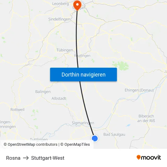 Rosna to Stuttgart-West map