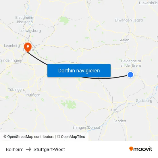 Bolheim to Stuttgart-West map