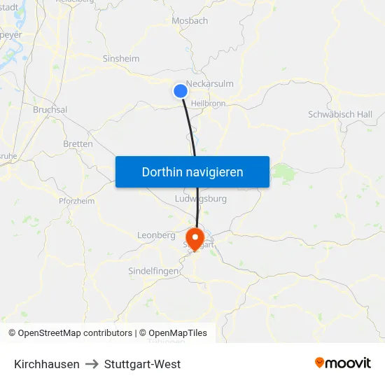 Kirchhausen to Stuttgart-West map