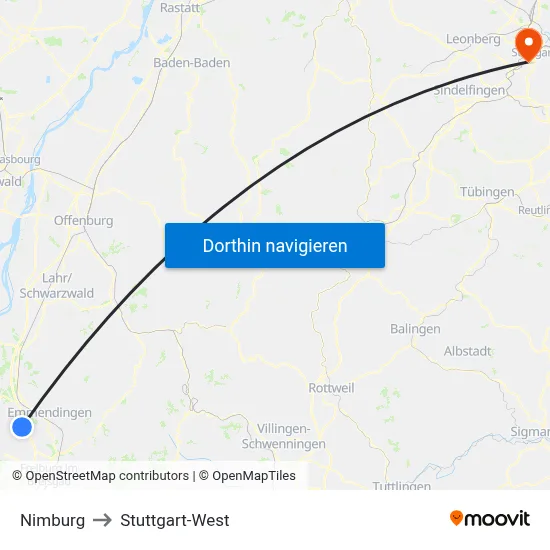 Nimburg to Stuttgart-West map