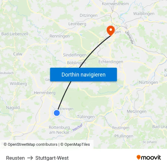 Reusten to Stuttgart-West map