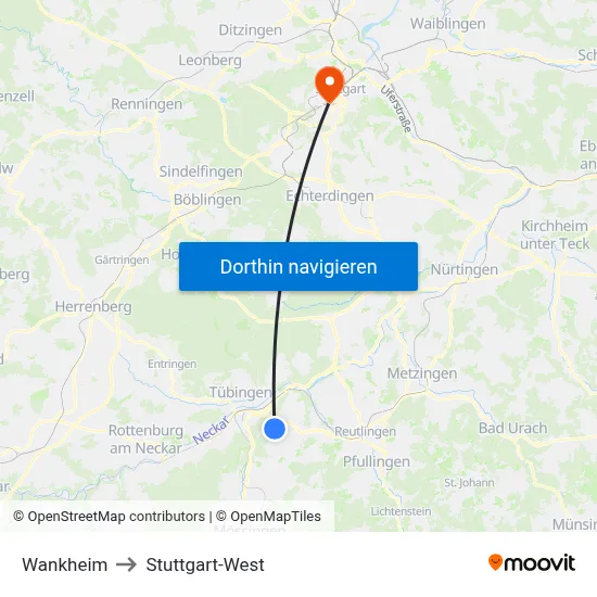 Wankheim to Stuttgart-West map