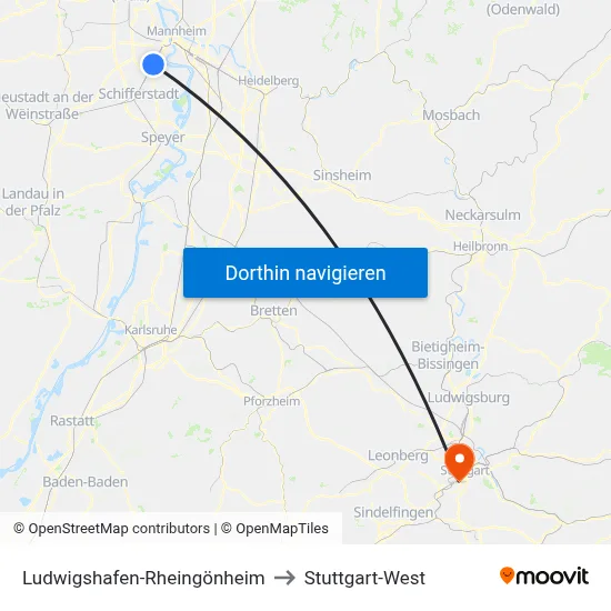 Ludwigshafen-Rheingönheim to Stuttgart-West map