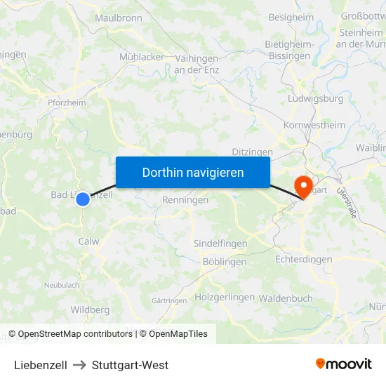 Liebenzell to Stuttgart-West map